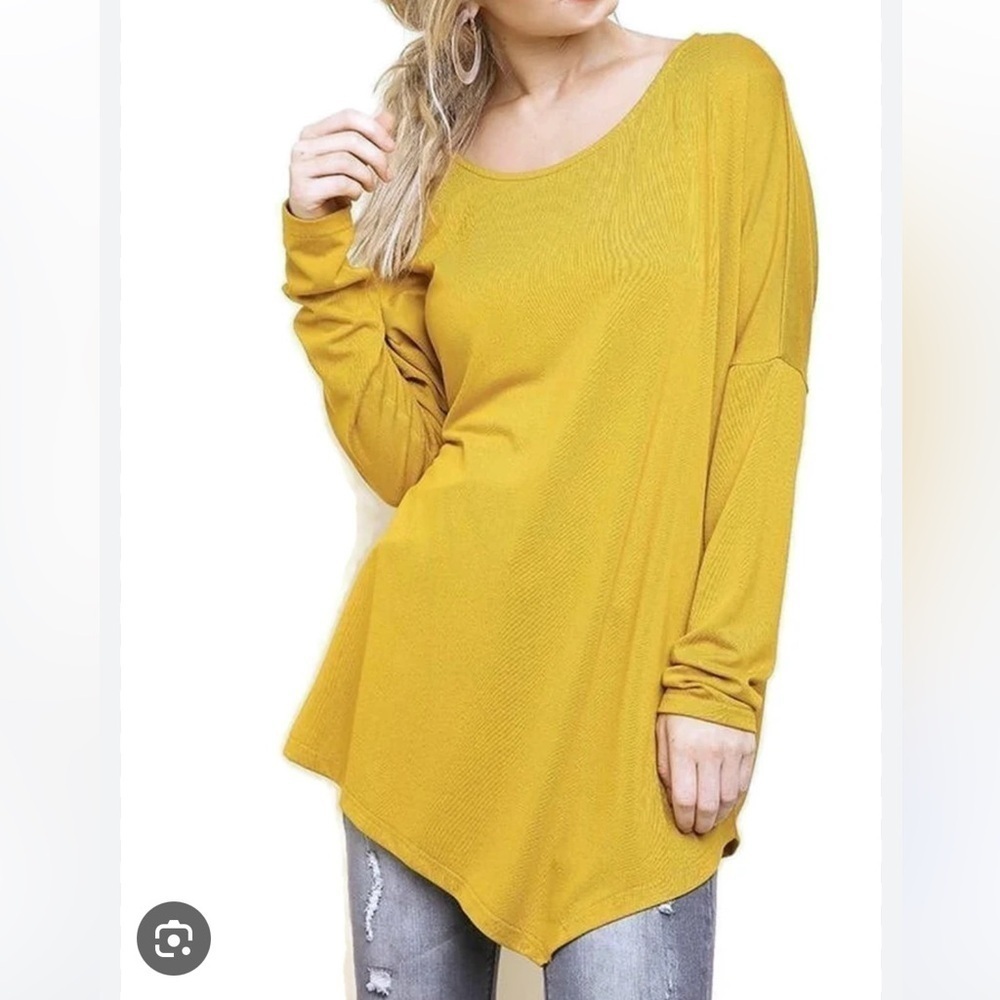 Umgee + Asymmetric Long Sleeve Relaxed Silhouette Top Mustard Size 1XL